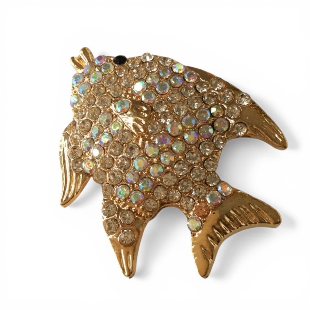 Gold‑Tone Angelfish Brooch with AB Rhinestones – Sparkling Statement Pin - Picture 3 of 12